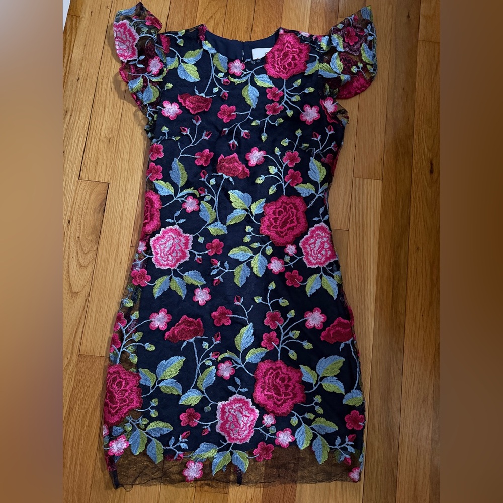 Sam Edelman Black Dress with Pink Floral Embroidery